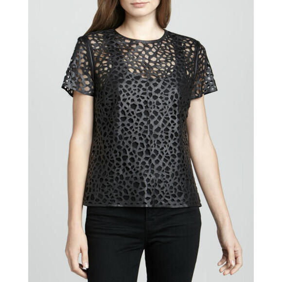 Diane Von Furstenberg Black Leather Laser Cut Top NWOT Size S Retail $598.00